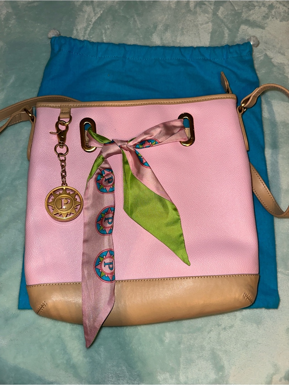 Parazul Pink and Tan Bucket-Style Shoulder Bag with Scarf Accent